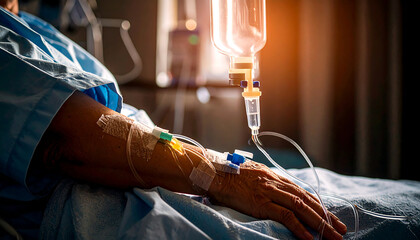 Patient receiving intravenous drip in hospital, an arm with iv and a bottle. Health and care concept.