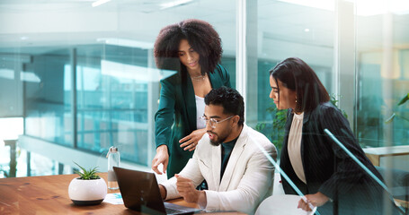 Conversation, laptop and review with business people in boardroom together for discussion or...