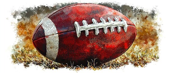 Watercolor painting of a weathered American football resting on grass