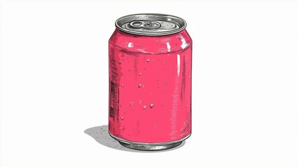 Vibrant pink soda can with condensation droplets.