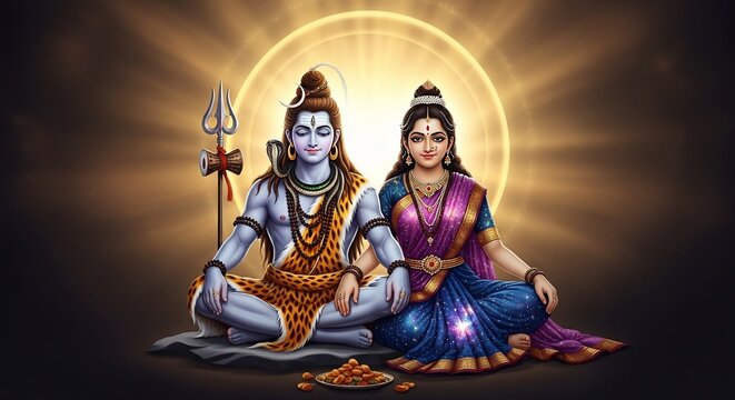 Divine Couple Shiva and Parvati in Meditation, adorned with ornate jewelry and cosmic saree, surrounded by a radiant halo.