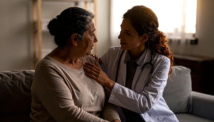 Compassionate doctor comforts senior female patient during a home visit offering reassurance and healthcare advice in a supportive environment.