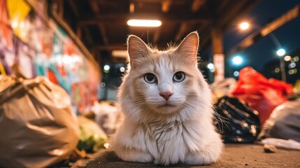 A fluffy light-colored cat with blue eyes lying on the ground, urban stray animal life, resilience in challenging environments, homeless pet welfare, and nighttime street scene.
