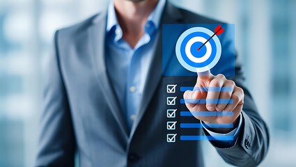 Man pointing at target with checklist for business success