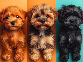 Three small fluffy puppies in colorful studio portrait with playful expressions.