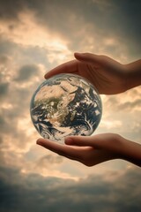 Hands holding planet earth against cloudy sky background