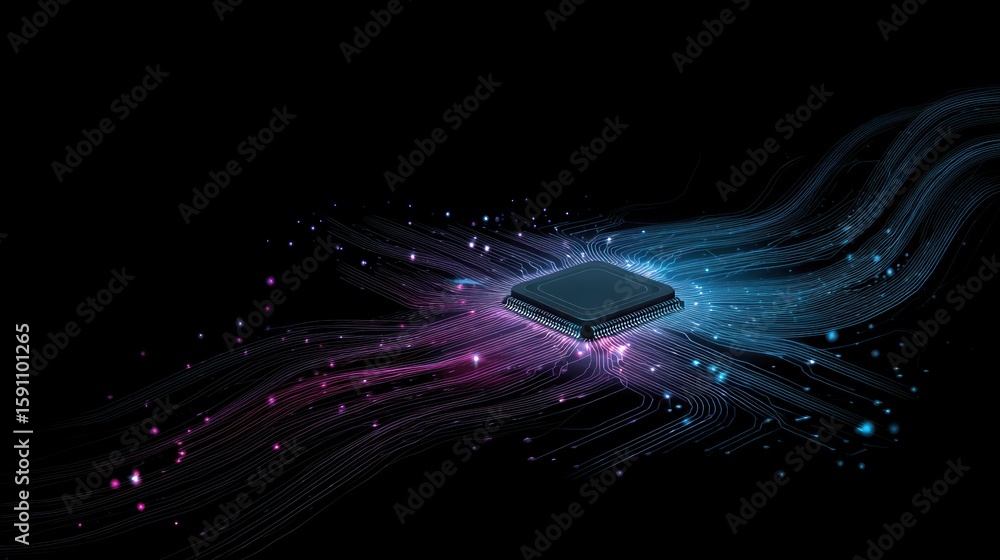 Poster futuristic computer chip design with flowing particles representing data transfer and innovation in 