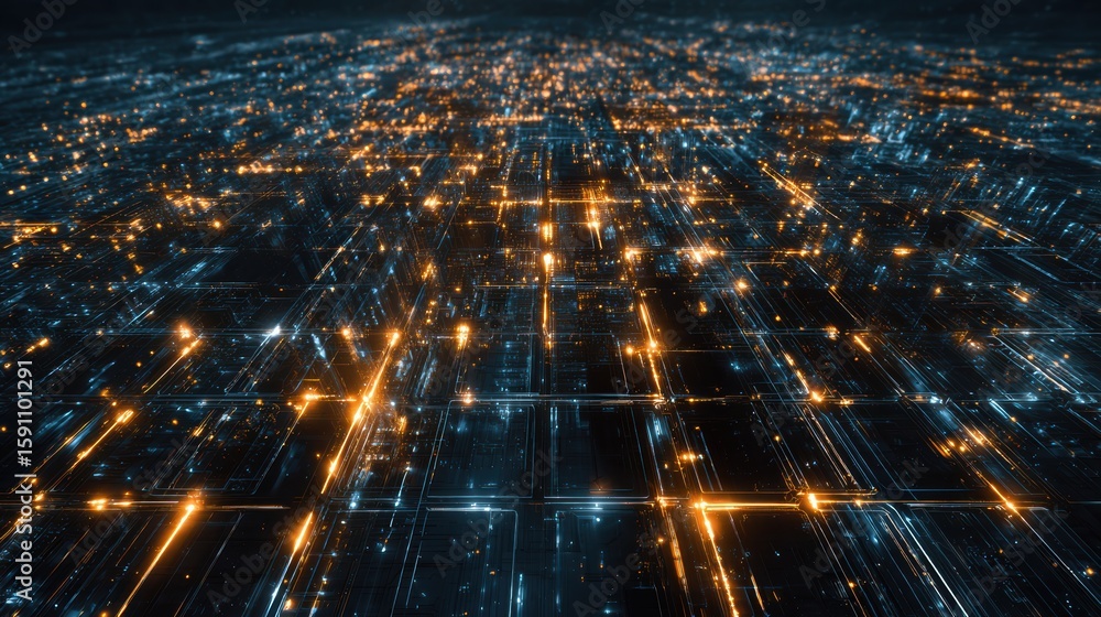 Poster futuristic digital landscape with glowing lines and lights, representing data visualization and conn