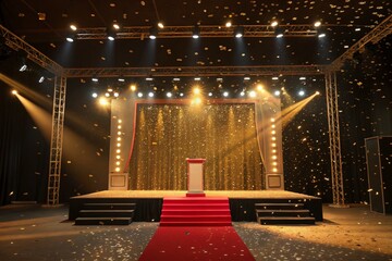 Award show stage with podium, golden lighting, red carpet 
