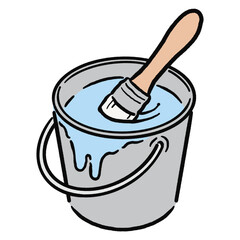 バケツの中に入ったペンキと刷毛_水色