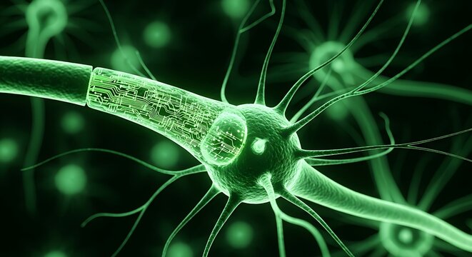 A closeup microscopic view of a glowing green neuron, its axon integrated with digital circuitry, symbolizing neural connections