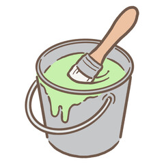 バケツの中に入ったペンキと刷毛_黄緑