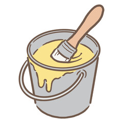 バケツの中に入ったペンキと刷毛_黄色