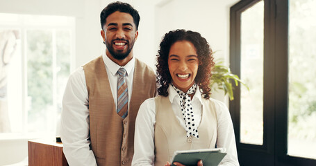 Hospitality, portrait and team at hotel reception for customer service, welcome or luxury...