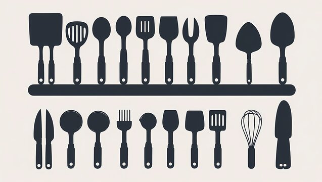 Isolated Different Kitchen Utensil Silhouette Illustrations Set