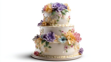 Beautifully decorated three-tier wedding cake.