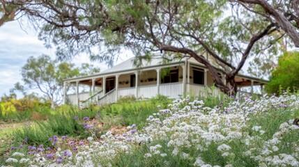 Charming light-colored countryside house with wraparound porch, multiple windows, and staircase, surrounded by lush green trees and vibrant white and purple wildflowers.