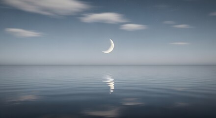 Fototapeta premium Serene crescent moon reflected in calm ocean waters under a vast sky with scattered clouds, evoking a sense of peace and cosmic wonder