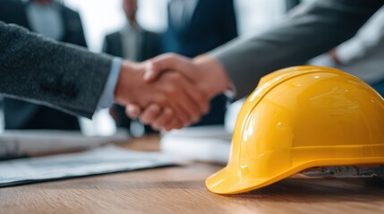 Two professionals shake hands over a table with a yellow safety helmet, symbolizing teamwork and partnership.