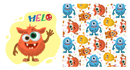Colorful cartoon a playful monster waving hello with a fun expression in front of ackground. The charming vector illustration cute vector texture for children s bedding, fabric, wallpaper, wrapping pa