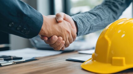 Two professionals shaking hands, symbolizing agreement in a construction environment with a safety helmet.