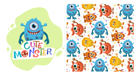 Bright and playful vector illustration featuring a friendly blue monster character. The charming vector illustration cute vector texture for children s bedding, fabric, wallpaper, wrapping paper, text