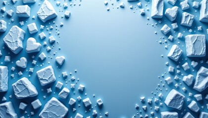 an artistic and abstract representation of ice formations with floating chunks against a light blue background