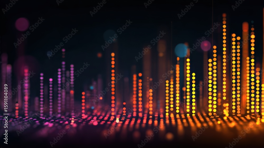 Poster vibrant sound wave visualizations with colorful dots creating a dynamic digital art representation.