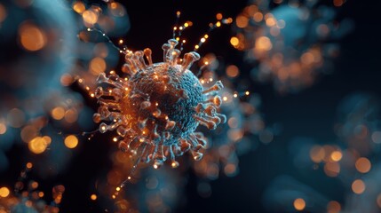 Fototapeta premium Vibrant close-up of a virus, showcasing intricate structures and colorful patterns in a scientific exploration.
