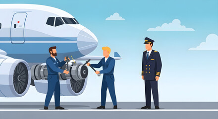 Aircraft mechanics servicing an engine while a pilot observes on the tarmac.
