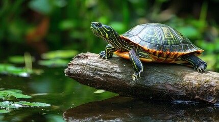 Obraz premium Ornate turtle resting on a log in a tranquil pond.