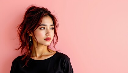 Fototapeta premium a person standing against a pink background. they appear to be a young woman with dark hair styled in waves. she is wearing what seems to be a black top and has a neutral expression on her face