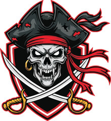 A menacing pirate skull emblem, adorned with a tattered hat, crossed swords, and a red bandanna.