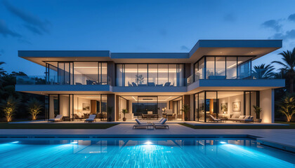 Fototapeta premium xterior view of a modern luxury house with glass walls, swimming pool, evening lighting, minimalist architecture, real estate marketing concept, 16:9