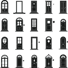 Collection of twenty diverse illustrated door designs in black and white
