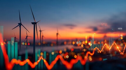 Wind turbines at sunset with overlaid financial charts, representing renewable energy investment and market trends, sustainable power generation, green economy growth, and energy sector finance.