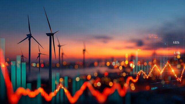 Wind turbines at sunset with overlaid financial charts, representing renewable energy investment and market trends, sustainable power generation, green economy growth, and energy sector finance.