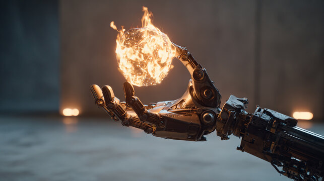 A photo of a robot hand holding a ball of fire energy in a minimalist lab background at dusk