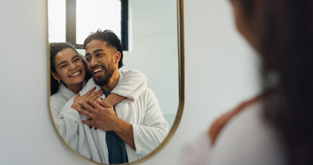 Couple, hug and mirror in bathroom for skincare, hygiene and laughing together. Home, man and woman...