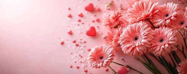 Bouquet of pink flowers and hearts on a pink background, ideal for Mother's Day, Valentine's Day, or birthday celebrations, Generative AI