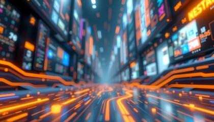 a futuristic digital interface with a cyberpunk aesthetic. multiple screens display vibrant orange and blue lights against a dark background