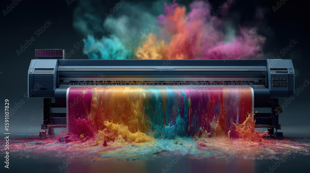 Poster a large printer produces a vibrant, cascading flow of multicolored ink, creating a dynamic and visua