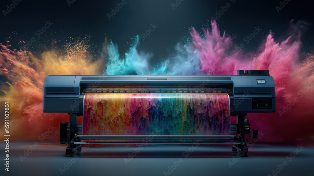 Poster a large-format printer produces a vivid, multicolored print with vibrant clouds of powder pigment ex