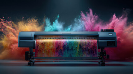 A large-format printer produces a vivid, multicolored print with vibrant clouds of powder pigment exploding in the background.
