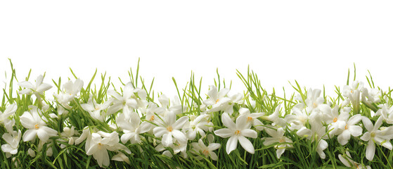 A border of delicate white flowers and green grass isolated on transparent background