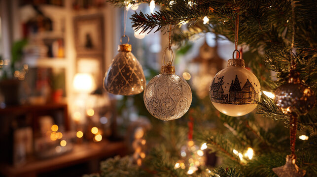 A photo of Christmas ornaments hanging on a pine tree in a cozy living room during evening