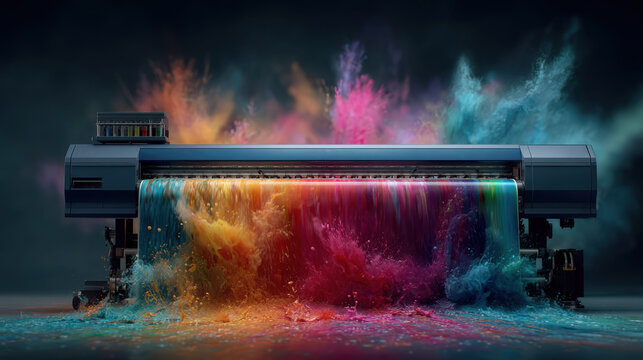 A large printer releases vibrant splashes and flows of colorful ink, creating a dynamic cascade of paint in shades of orange, pink, blue, and red.