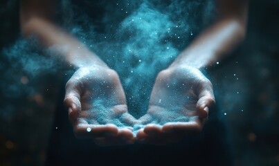 Fototapeta premium Praying hands, symbolizing faith, religion, and devotion, with a magical powder effect floating above the hands, representing hope and love, Generative AI