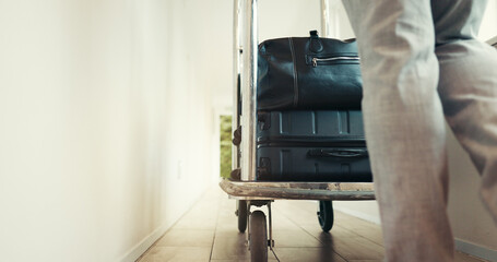 Legs, porter and push luggage in hotel for bags delivery, check in service or guest escort....