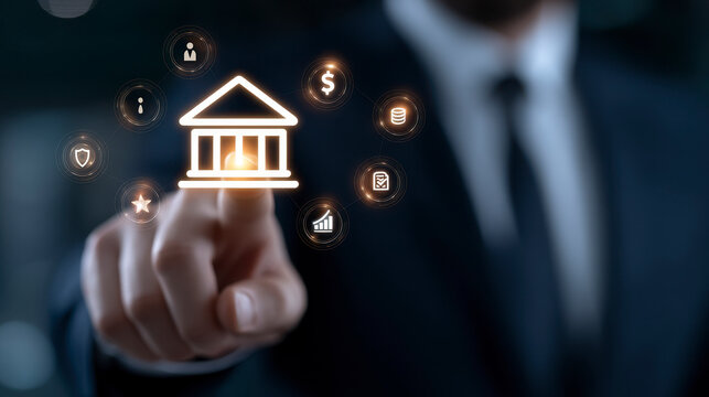 Build Wealth Master Banking with Smart Financial Tools.A businessman points to a bank icon with financial icons symbolizing banking innovation. Unlocking financial freedom a guide - Powered by Adobe